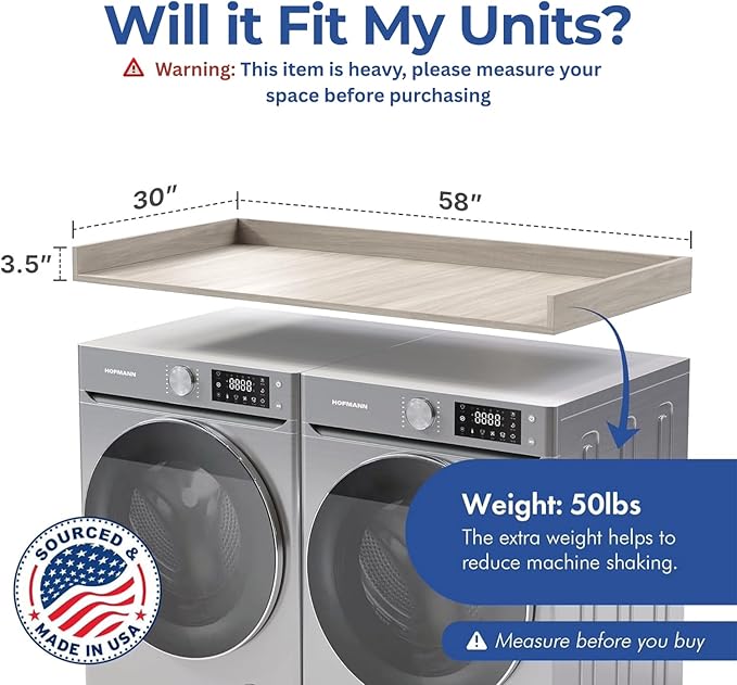 OfficeSimpli Washer Dryer Countertop, Made in USA, Non-Slip Pads, Laundry Room Wood Topper, Washer Dryer Cover for Top, Laundry Countertop, Laminate Finish (Rustic Oak, Extra Large (30" x 58"))