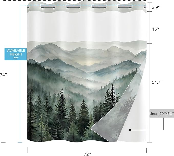 Accnicc No Hook Shower Curtain with Snap in Liner Forest Mountain Shower Curtains for Bathroom Dark Green Nature Misty Pine Tree Foggy Rustic Woodland Waterproof Fabric Bath Curtain Decor 71×74In