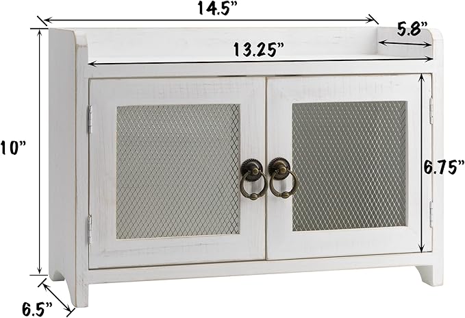 COLLECTIVE HOME - Storage Cabinet, Mini Countertop Cabinet, Wood Organizer for Kitchen Living Room Bedroom Bathroom Office with Magnetic Door, 14.5 x 6.5 x 10 (White, Wire Netting)