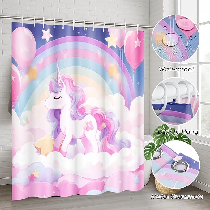 Arttown Unicorn Rainbow Balloon Bathroom Set with Shower Curtain and Rugs and Accessories, Pink Cloud Colorful Kids Shower Curtains, Modern Bathroom Decor 4 Pcs