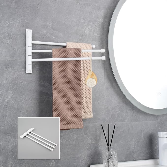 GERZWY Bathroom Hand Towel Rack 3-Bar Folding Arm Swivel Hanger Wall Mount Bath Towel Holder Stainless Steel Swing Out Towel Bar, White