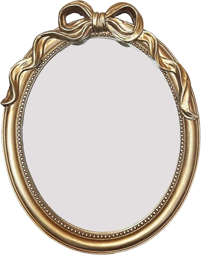 Vintage Vanity Desk Mirror - 13x10 Inch Wall-Mounted & Tabletop Decorative Ornate Champagne Gold Accent Retro Makeup Mirror for Bedroom Dresser Bathroom Living Room Dorm Oval