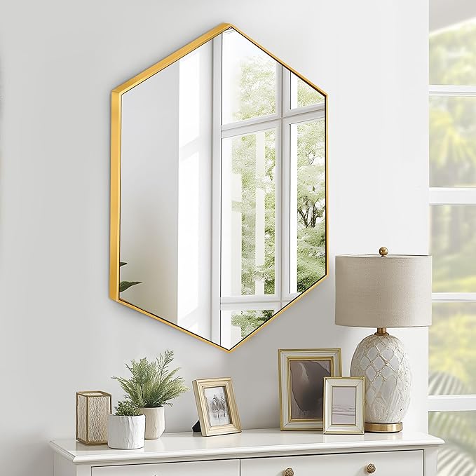 SogesHome Bathroom Medicine Cabinet with Mirror, Hexagon Mirror with 3-Tier Cabinet, Stainless Steel Frame and 2 Shelves for Bathroom, Bedroom, Entryway, Gold