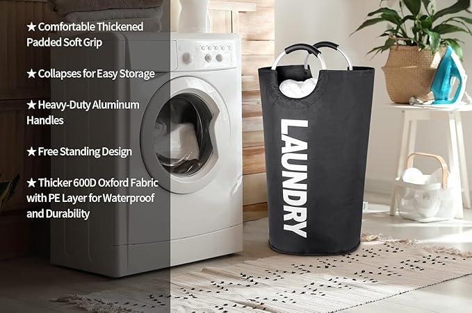 Large Laundry Basket Collapsible，Freestanding Clothes Hamper Bag with Handles – Tall Folding Dirty Laundry Bin，Sturdy Laundry Sorter for College Dorm，Laundry Room – 115L (Black)