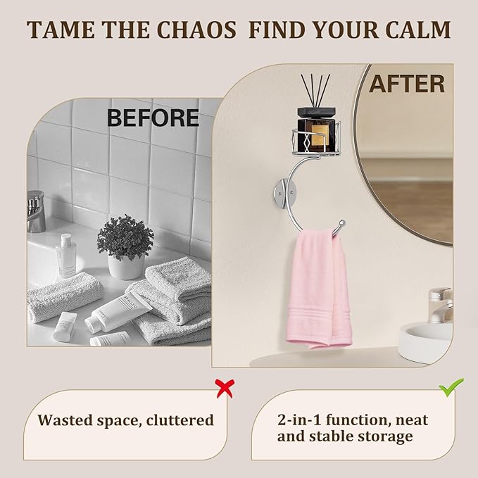 Simple Silver Hand Towel Holder for Bathroom Wall, Metal Sturdy Wall-Mounted Towel Hook with Candle Holder for Vase and Bottled, Hand Towel Racks/Hanger for Bathroom Decor and Kitchen