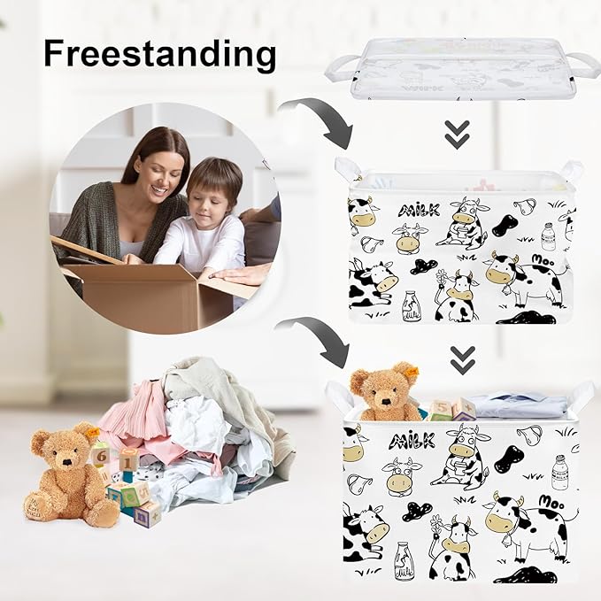 Clastyle Cute Cow Baby Storage Basket for Kids Room Nursery Collapsible Rectangle Clothes Toy Bin Book Shelf Basket