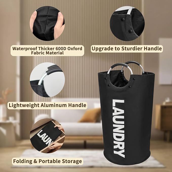 90L Large Laundry Basket Laundry Hamper Dirty Clothes Hamper with Handle Freestanding Collapsible Laundry Hamper 600D Oxford Fabric Waterproof with Handles Black (1-PACK)