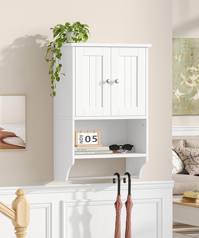 Keehusux Small Bathroom Wall Cabinet with Towel Bar and Adjustable Shelf, Modern Medicine Cabinet with 2 Lined Doors, Wooden Over the Toilet Storage Cabinet for Kitchen, Living Room, Entryway, White