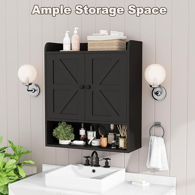 EasyCom 22" W x 26" H Bathroom Wall Cabinet, Farmhouse Medicine Cabinet with Adjustable Shelves and 2 Barn Doors, Over The Toilet Storage Cabinet for Bathroom, Kitchen, Living Room, Black