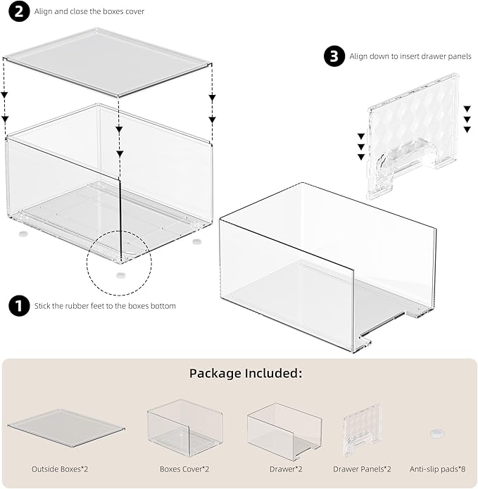 Delamu 2 Pack Stackable Storage Drawers, Makeup Skincare Holder Vanity Storage Organizer, Plastic Drawers For Vanity Desk, Undersink, Kitchen Cabinet, Pantry, Clear, Ideal Christmas Gifts for Girls