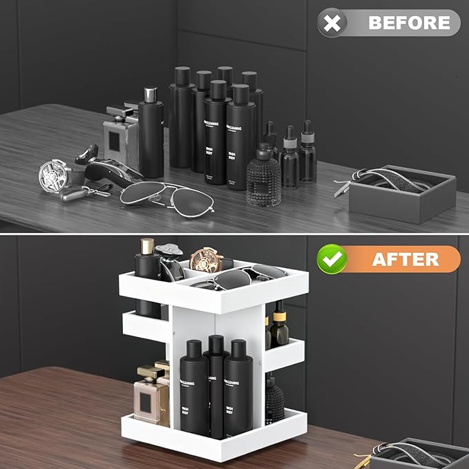 Cologne Organizer for Men Women, Large Capacity Wood Perfume Shelf with Rotate Makeup Organizer Bathroom Vanity Countertop Storage