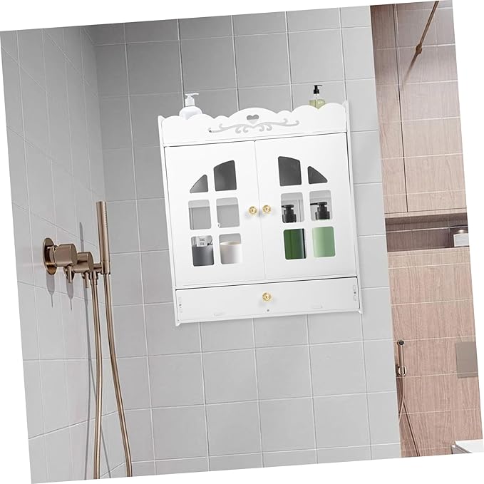 Wall-Mounted Bathroom Cabinet Organizer with Double Doors Vintage Cosmetic Storage Shelf for Toilet Area Multifunctional Space-Saving Locker Shelf