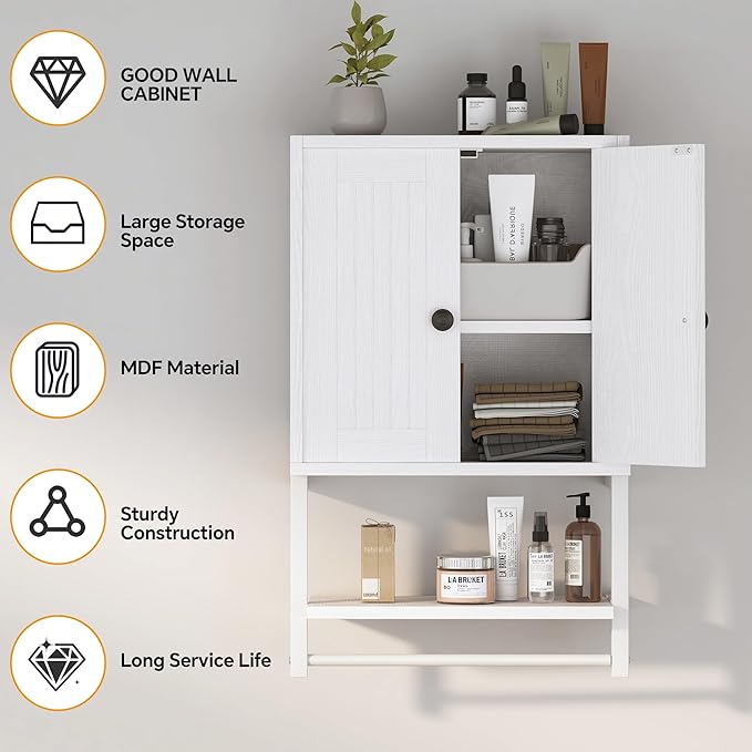 Homeiju Small Farmhouse Style Rustic Medicine Cabinet with Two Barn Doors, Wooden Wall Mounted Storage Cabinet with Shelf and Towel Bar for Bathroom, Living Room, Kitchen, White