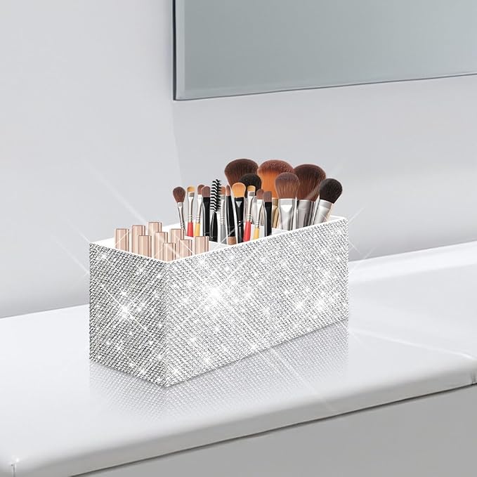 Bling Makeup Brush Holder Organizer, 3 Slot Sparkle Cosmetics Brushes Storage Holders with Shiny Rhinestones, Glitter Cute Pen and Pencil Holder for Desk, Eyeliners Display Case for Vanity???White???