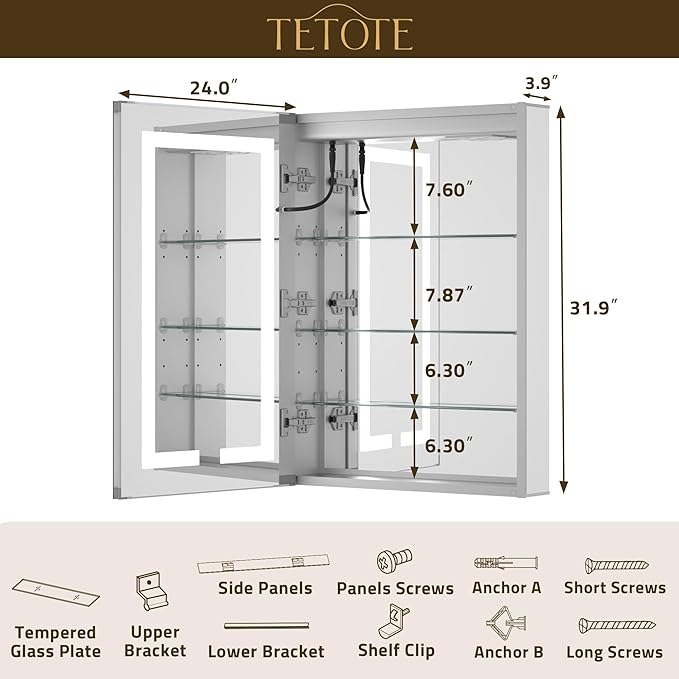 TETOTE 24 x 32 LED Lighted Medicine Cabinet with Lights & Outlets & USB, Recessed or Surface Mount Medicine Cabinet Mirror for Bathroom with Storage, Tempered Glass, 3-Color Dimming, Adjustable Shelf