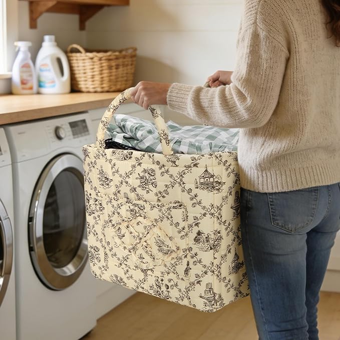 Quilted Fabric Basket Car Storage Basket Boho Floral Laundry Hamper for Nursery Bedroom & Living Room | Organize Clothes Toys