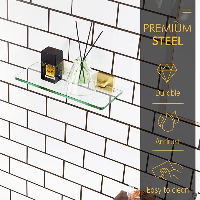 KOKOSIRI Wall Shelves 12 Inches Tempered Glass Shelf Floating Rack for Kitchen Storage Home Decor Bathroom Hardware, Gold Stainless Steel B1107BG-L12