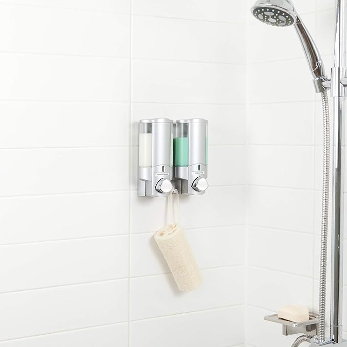 Better Living Aviva Shower Dispenser 2 Chamber, Wall Mount Shower Soap Dispenser for Bathroom Hotel Body Wash, Built-in Hooks, No Drill, Waterproof Shampoo Soap Dispenser, 2 x 11 oz, Satin Silver