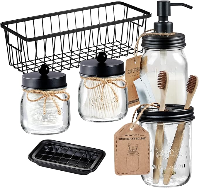 SheeChung 6Pcs Mason Jars Bathroom Accessories Set Complete - Toothbrush Holder, Lotion Soap Dispenser, 2 Mason Jars, Soap Dish, Toilet Paper Basket, Rustic Farmhouse Decor (Black, 6Pcs Bathroom Set)