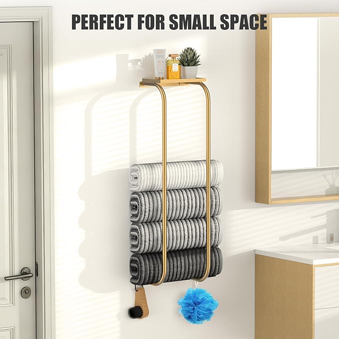 Towel Racks for Bathroom, Elegant Curved Bathroom Towel Storage Wall Mounted 30 inch with Shelf Can Holds 6 Large Towels, Wall Towel Rack for Rolled Towels, Gold