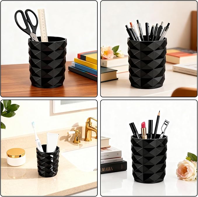 Acrylic Makeup Brush Holder Organizer, Black Makeup Brush Organizer, Stylish Pencil Holder for Desk, Cosmetics Brushes Cup Storage with Texture, Desk Accessories for Office, School, Home