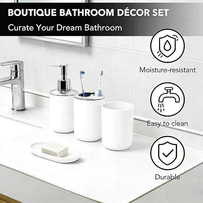 Matte White Bathroom Accessories Set, 4 Piece Plastic Bathroom Toothbrush Holder Set, Include Soap Dispenser, Toothbrush Holder, Rinse Cup, Soap Dish, Boho White Bathroom Decor for Home, Bathroom Set