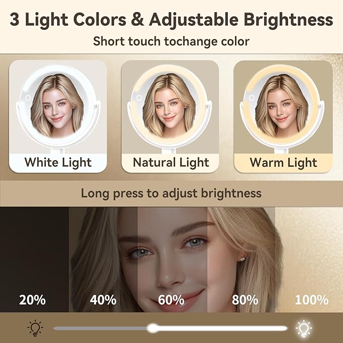 Makeup Mirror with Lights, Double Sided 1x/10x Magnifying Mirror，Rechargeable 3 Color Lights & Adjustable Brightness and Height LED Vanity Mirror, 360° Rotation Detachable Travel Make Up(White)