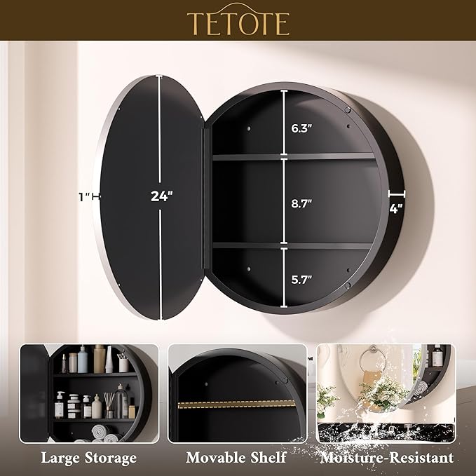 TETOTE 24 x 24 Inch Medicine Cabinet Mirror Matte Silver Gray Framed Round Mirrored Medicine Cabinets for Bathroom Adjustable Shelves Modern Bathroom Mirror with Storage Wall Mounted