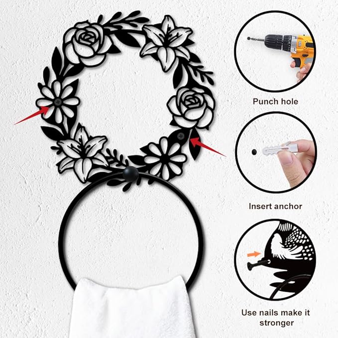 MAYJOYDIY Flower Garland Metal Towel Ring, Round Wreath Black Hand Towel Holder, Branch Leaves Hanging Ring Rose Lilies Wall Mounted Bathroom Accessories for Bathroom Kitchen Home Decoration Gift