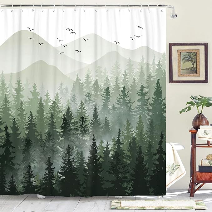 Accnicc Misty Forest Shower Curtain Nature Mountain Pine Tree Woodland Shower Curtains for Bathroom Ombre Sage Green White Waterproof Fabric Modern Bath Curtain Decor 72×72 Inches