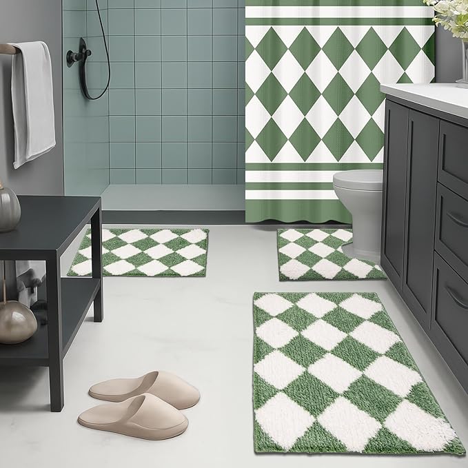 Britimes Sage Green Bathroom Sets with Shower Curtain and Rugs, Modern Geometric Striped Waterproof Shower Curtain Liner and Soft Non Slip Bath Mat for Bathroom Decor and Accessories Hooks