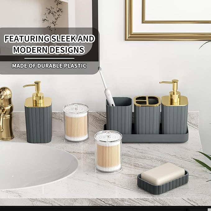 XLHOMO Bathroom Accessory Set - 26PC Bathroom Shower Curtain and Rug Set, Bathroom Accessories Set, Grey Bathroom Set with Trash Can, Toilet Brush, Qtip Holder & Soap Dispenser