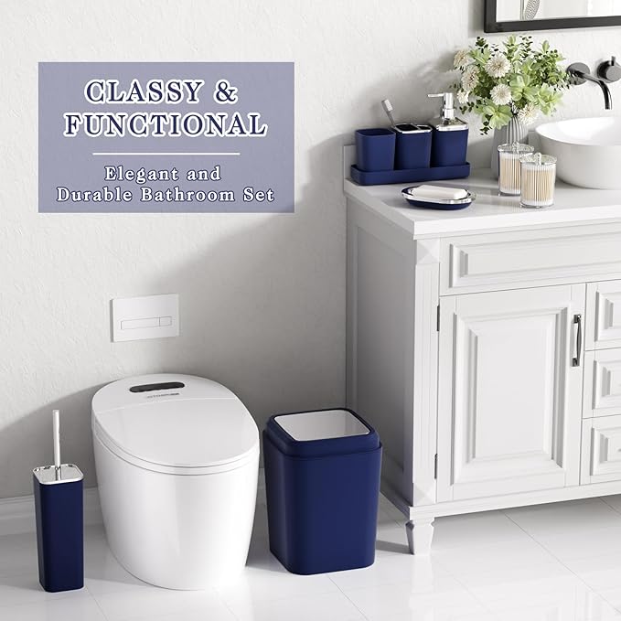 XLHOMO Navy Blue Bathroom Accessories Set, 9-Piece Plastic Gift Set with Trash Can, Toothbrush Holder, Toothbrush Cup, Soap Dispenser, Soap Dish, Toilet Brush Holder,2 Qtip Holder Dispensers and Tray