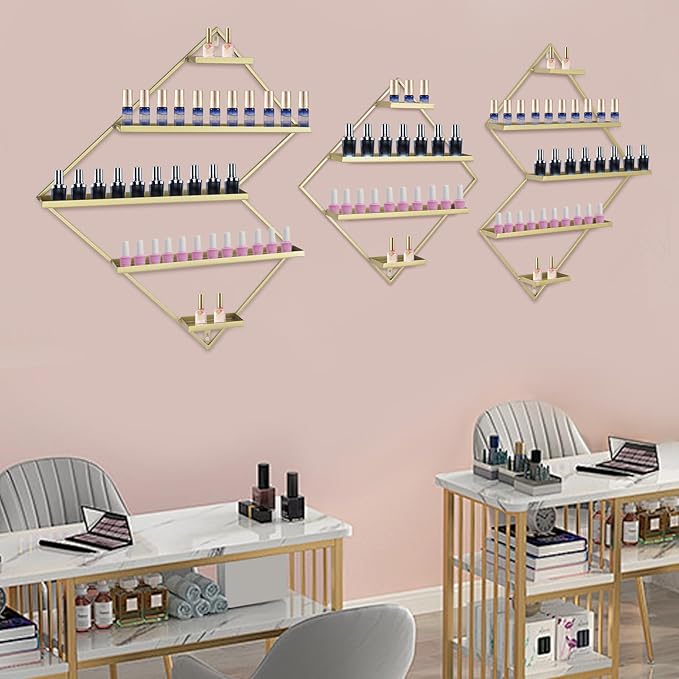 3PCS Nail Polish Storage Racks, 5-Tier Wall-Mounted Metal Cosmetic Display Case Makeup Organizer Wall Shelf for Home Spa Nail Salon Perfume Lipstick (Gold)