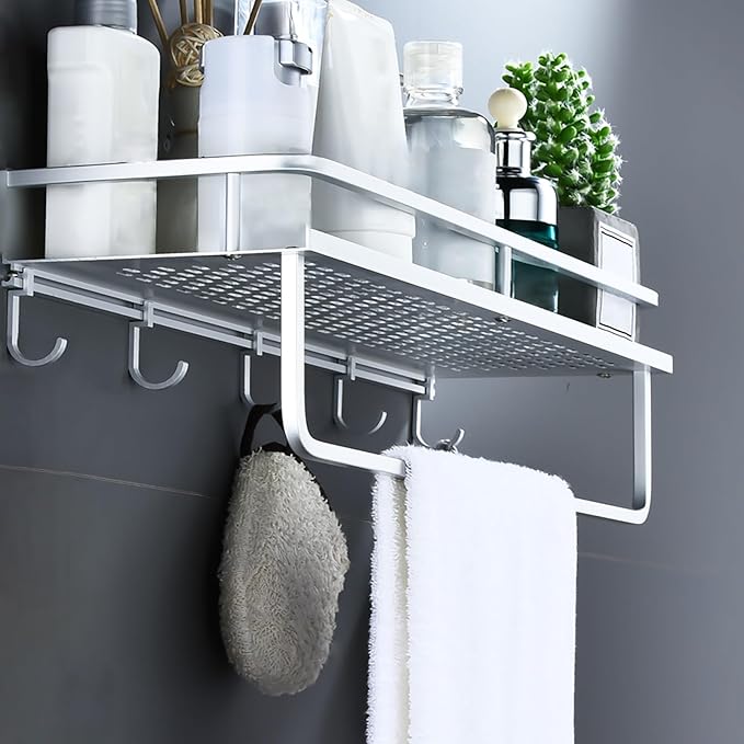 Space Aluminum Bathroom Shelf, Wall Mounted Storage Rack, Wall Storage Rack, Skeletonized Design with Hooks and Crossbars, Suitable for Washroom, Kitchen, Student Dormitory(30 * 14 * 13cm)