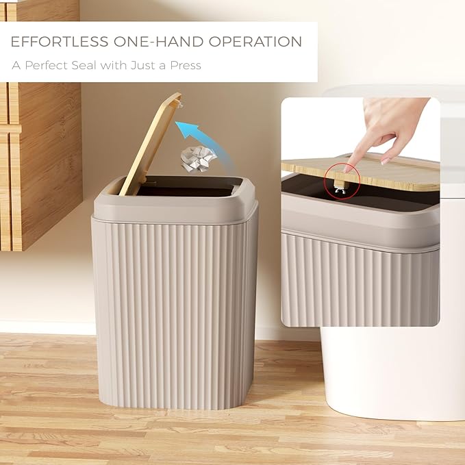 Bathroom Accessories Set - Unbreakable Beige Bathroom Set, Trash Can, Toilet Brush with Holder, Soap Dispenser, Toothbrush and Toothpaste Holder, Tumbler, Soap Dish, Qtip Holders, Tray, Bamboo Decor