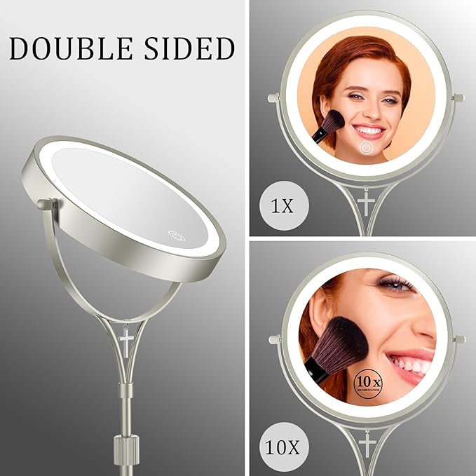 1x/10x Magnifying Mirror with 3 Color Lights and Cross Charm, 7" Lighted Makeup Mirror with Magnification, Height Adjustable Vanity Mirror, Birthday Christian Gifts for Women, Brushed Nickel