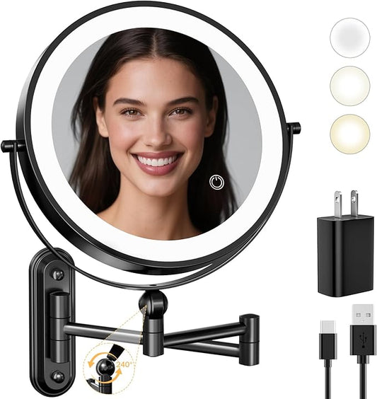 9" Wall Mounted LED Lighted Makeup Vanity Mirror - 4000mAh Rechargeable Double Sided 1X/30X Magnifying Mirror, 3 Color Lights Touch Dimmable, Height Adjustable Extended Arm 360° Swivel Bathroom Mirror
