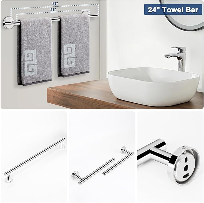NearMoon 5 Pieces Bathroom Hardware Set SUS304 Thicken Stainless Steel-Towel Rack Kit Include 24" Towel Rod + Bath Towel Ring + Toilet Paper Holder + Robe Towel Hooks Bath Accessories (Chrome Finish)