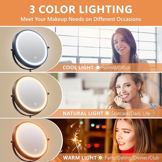Auxmir 8'' Wall Mounted Lighted Makeup Mirror, 3200mAh Rechargeable Double-Sided 1X/20X Magnifying Mirror with Light, Touch Dimmable 3 Color Light, 360° Rotation Foldable Extended Arm, Black