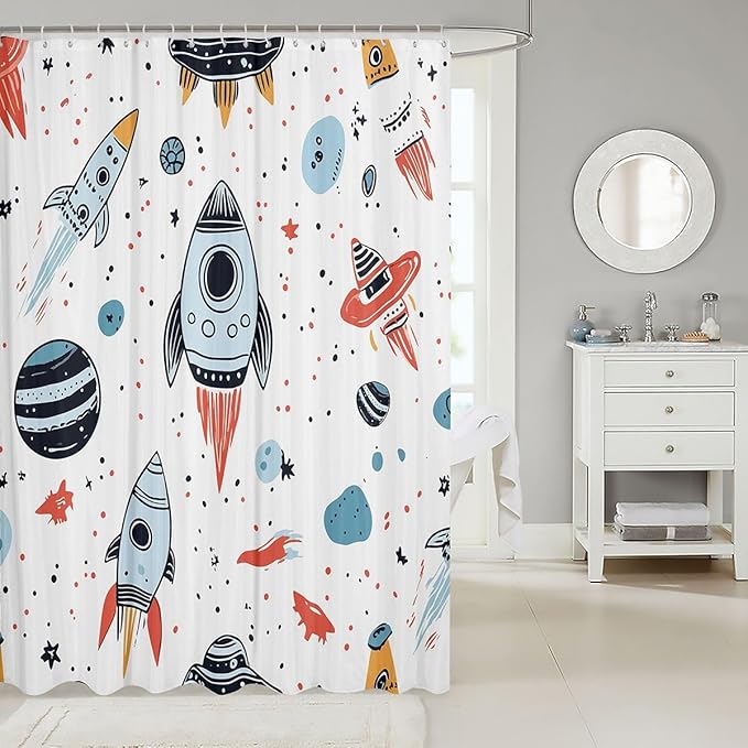 Feelyou Kids Rocket Shower Curtain Set - Boys Universe Planet Bathroom Adventure Bath Curtain - Space Ship Design - Waterproof Room Decor - 72"x84"