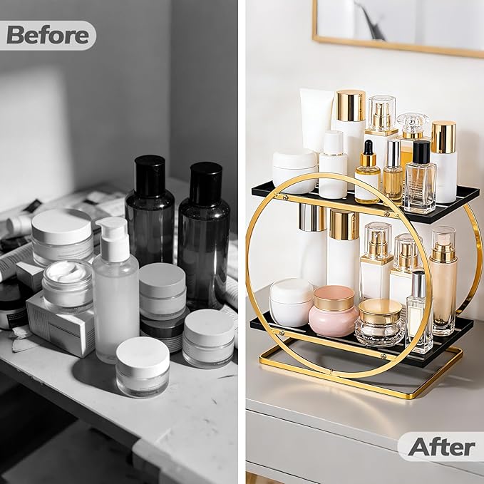 BO2701 2 Tier Bathroom Organizer, Perfume Organizer for Dresser, Black Gold