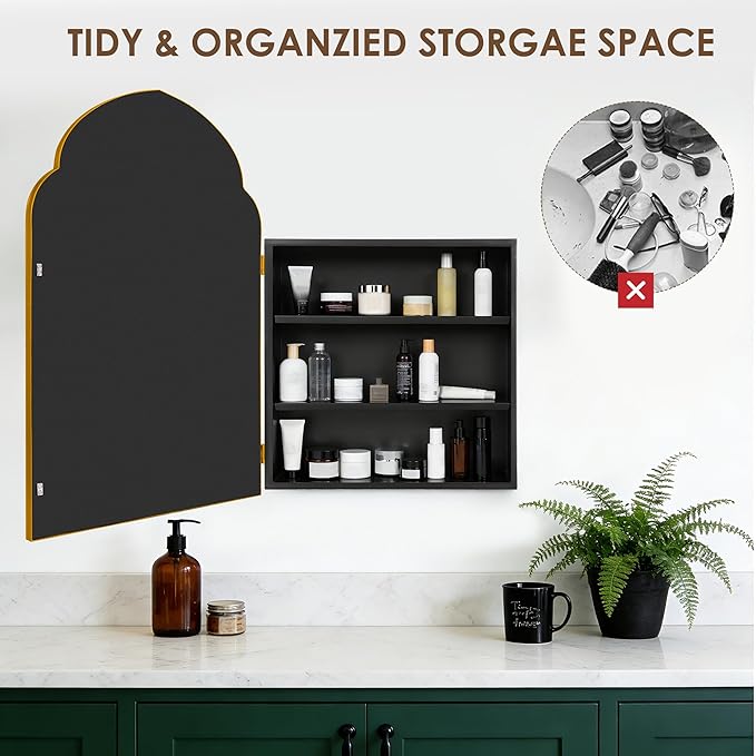 SogesHome Wall-Mounted Bathroom Mirror Cabinet, Irregular Arched Design, 19.7 x 29.9 Inch Retro Elegant Decoration Medicine Cabinet with Removable Shelves, Recessed Vanity Organizer, Gold