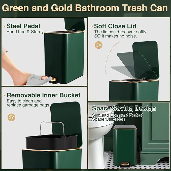 XLHOMO Bathroom Sets with Shower Curtain and Rugs Bathroom Accessories Set Hunter Green Bathroom Set,Soap Dispenser & Toilet Brush Holder Set with Stainless Steel Trash Can