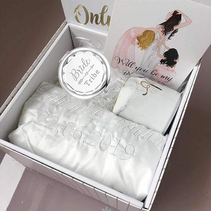 Pack of 7 Compact Pocket Makeup Mirrors Set Include 1 Bride to Be Mirror and 6 Bride Tribe Mirrors Bachelorette Party Bridesmaid Proposal Gifts(Silver)
