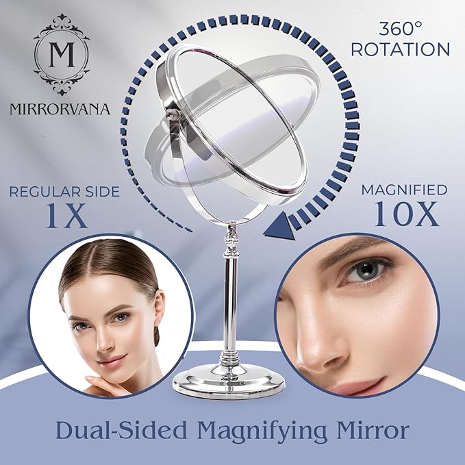 MIRRORVANA Large Double Sided 10X and 1X Magnifying Makeup Mirror with Stand in Gift Box, 15” Tall and 8” Wide