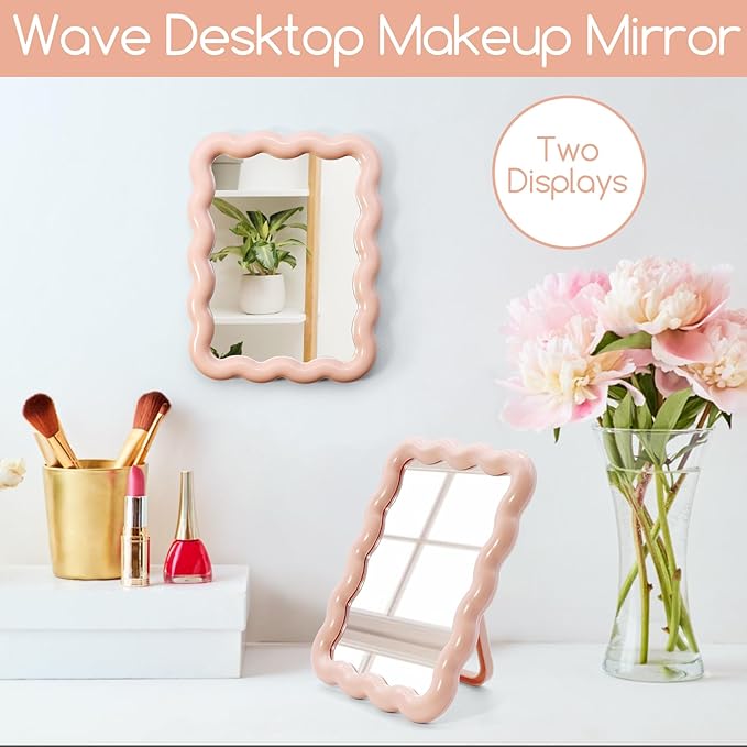 Philbinden Cute Wave-Shaped Desk Vanity Makeup Mirror, Portable Folding Travel Makeup Mirror for Standing/Hanging, Home Decorations for Women Girls (1, Pink)
