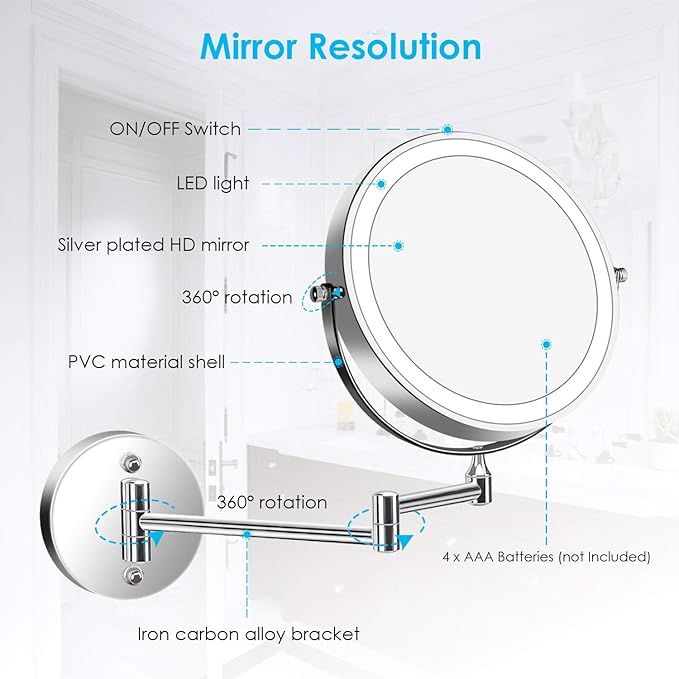 alvorog Wall Mounted Makeup Mirror LED Lighted Double Sided 5X Magnification 360° Swivel Extendable Cosmetic Vanity Mirror for Bathroom Hotels, Powered by Batteries (Not Included)-7 inches