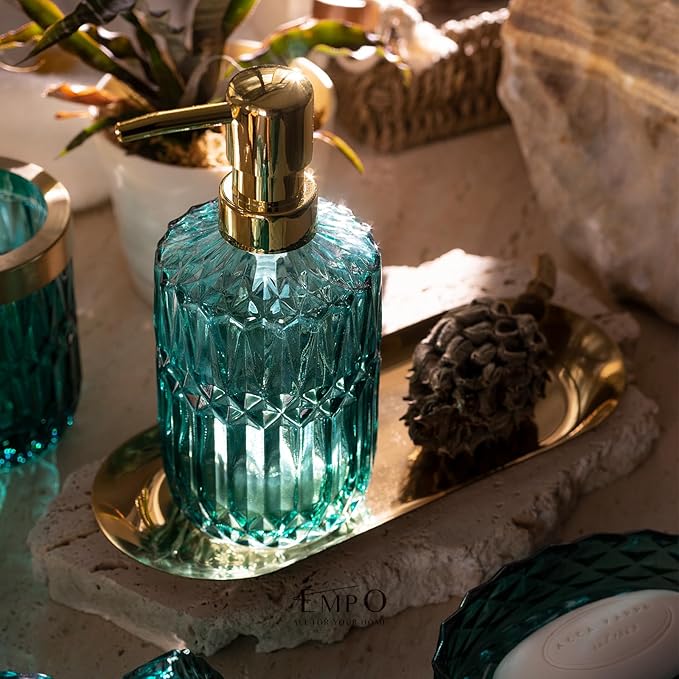 EMPO 6PCS Bathroom Clear Glass Accessories Set (Lotion Soap Dispenser, Soap Dish, Toothbrush Holder, Tumbler, Cotton Swab Jar), Contemporary Modern Decor Crystal Vintage Gift (6pcs Ocean Teal Blue)