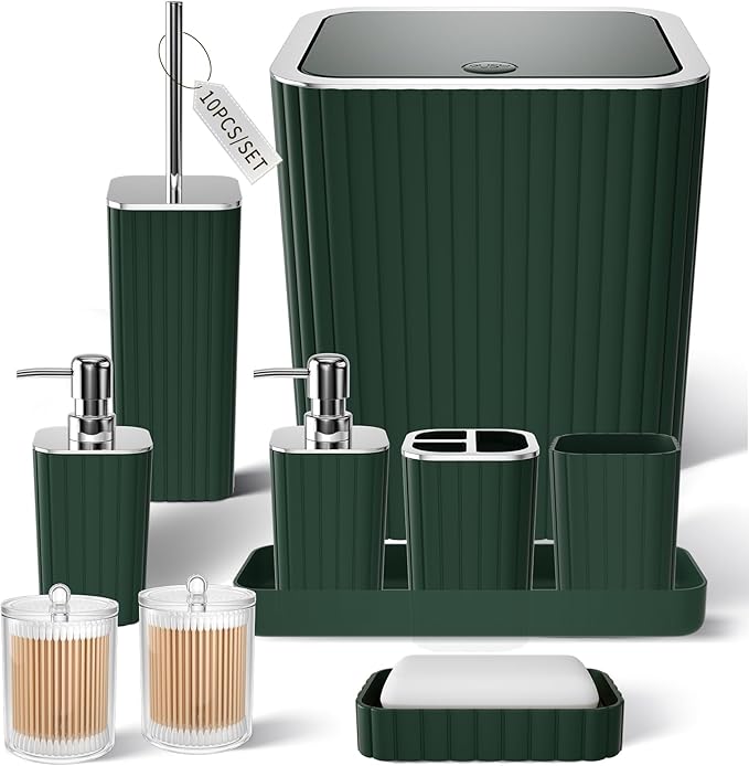 XLHOMO Bathroom Accessories Set - Gorgeous Green Bathroom Set, 10PC Green Bathroom Accessory Set, Bathroom Sets with Toilet Brush, Bathroom Trash Can